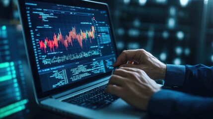 Fototapeta premium A person is engaged in analyzing complex data visualizations on a laptop, surrounded by a dimly lit, high-tech office environment, emphasizing concentration and technical expertise