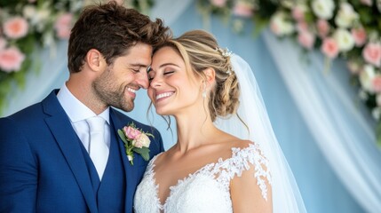 The couple smiles at each other, radiating happiness on their special day. The soft floral backdrop enhances the romantic atmosphere of their wedding celebration
