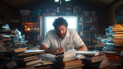 warm glow of sunlight streams through a window as a man sits deeply focused on his work, surrounded by stacks of books and various papers, creating a vibrant atmosphere of learning