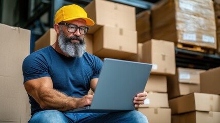 A man with a beard and glasses, wearing a yellow hat, is focused on his laptop while seated among stacked cardboard boxes in a well-lit warehouse setting