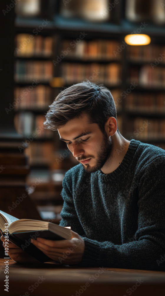 Poster student concentrating on reading a textbook at a table in a traditional university library