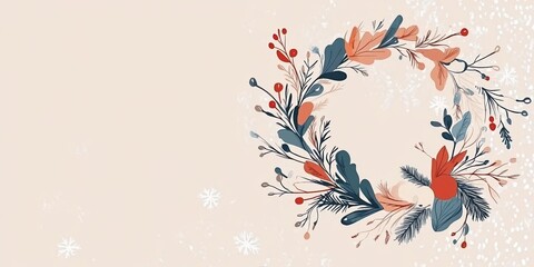Minimalist Christmas wreath with abstract botanical elements, soft red and blue tones, and subtle snowflakes on a light background, creating a gentle holiday ambiance