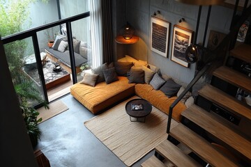 interior coffee nook, looking down from above, a chic modern apartment boasts a trendy coffee nook with plush cushions and artistic decor