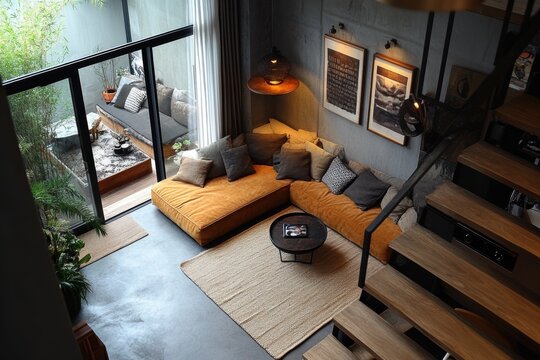 interior coffee nook, looking down from above, a chic modern apartment boasts a trendy coffee nook with plush cushions and artistic decor