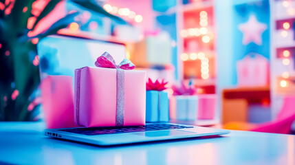 A pink gift box sits on a laptop, ready for an online sale happening on Monday