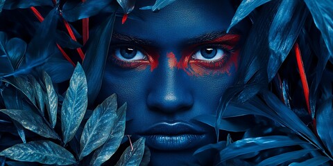 A Striking Portrait of a Person With Blue Body Paint Surrounded by Vibrant Foliage in a Creative and Artistic Outdoor Setting During the Day
