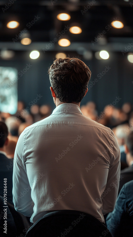 Wall mural Businessman sitting and listening to a speaker at a business conference or seminar, seen from behind