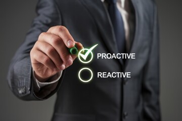 Proactive or reactive solution initiative concept. Person ticking a checkbox with the text proactive.