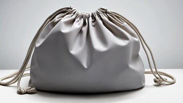 A gray drawstring bag with a white background