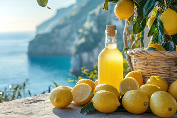 An elegant bottle of limoncello nestled among fresh lemons on a terrace, amalfi coast cliffs in the distance.