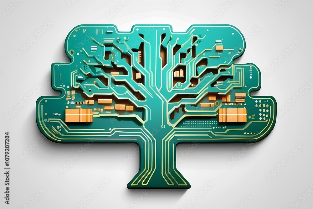 Poster intricate fusion of digital circuits and natural tree forms