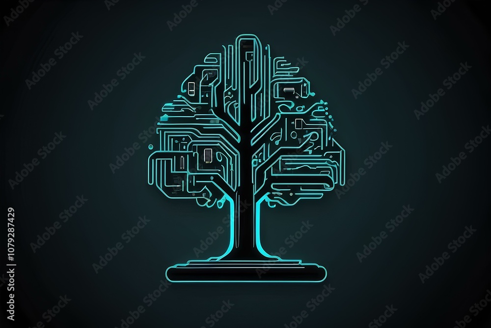 Poster symbolic integration of technology and nature with a luminous circuit tree