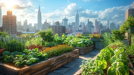 Fototapeta premium A rooftop garden with a city skyline in the background.