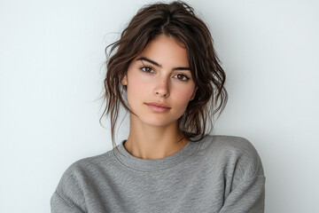 Stylish woman with cropped hair in basic gray sweatshirt, clean white background.