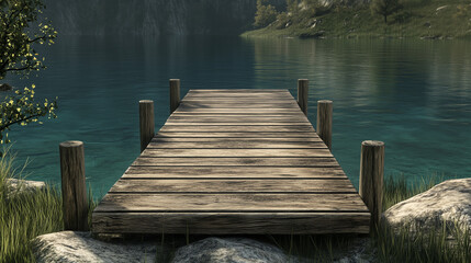 Drewniany pomost w rustykalnym stylu prowadzi prosto nad jezioro, a jego postarzałe deski wtapiają się w naturalne otoczenie.