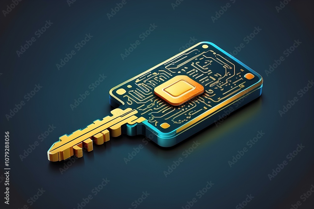 Poster futuristic digital key logo with embedded microchip, representing innovation, technology, and data s