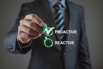 Proactive or reactive solution initiative concept. Person ticking a checkbox with the text proactive.