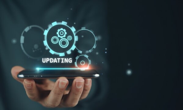 Operating system upgrade concept, installation app and software update process, modernize user equipment, update modern functions, developer released new version Improved security. User is downloading