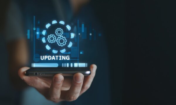 Operating system upgrade concept, installation app and software update process, modernize user equipment, update modern functions, developer released new version Improved security. User is downloading