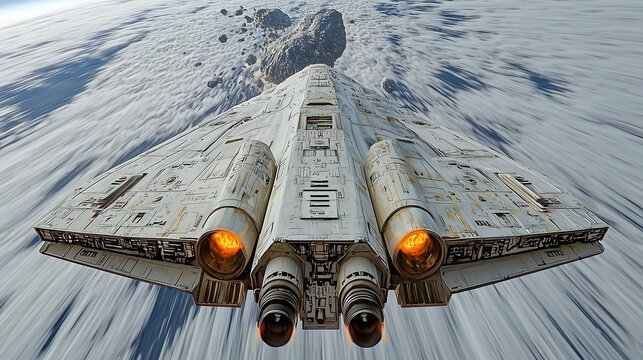 A detailed spaceship flying at high speed towards an asteroid belt in outer space