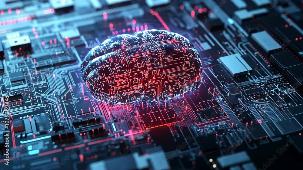 Poster a digital rendering of a brain sits atop a circuit board, illuminated with glowing red lines