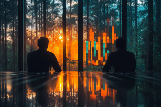 Silhouetted figures observing a vibrant sunset through transparent walls, highlighting business analytics in a lush forest setting