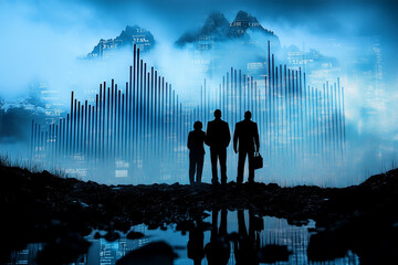 Silhouetted figures overlooking a digital landscape filled with data visualizations at dusk, symbolizing business insights and innovation