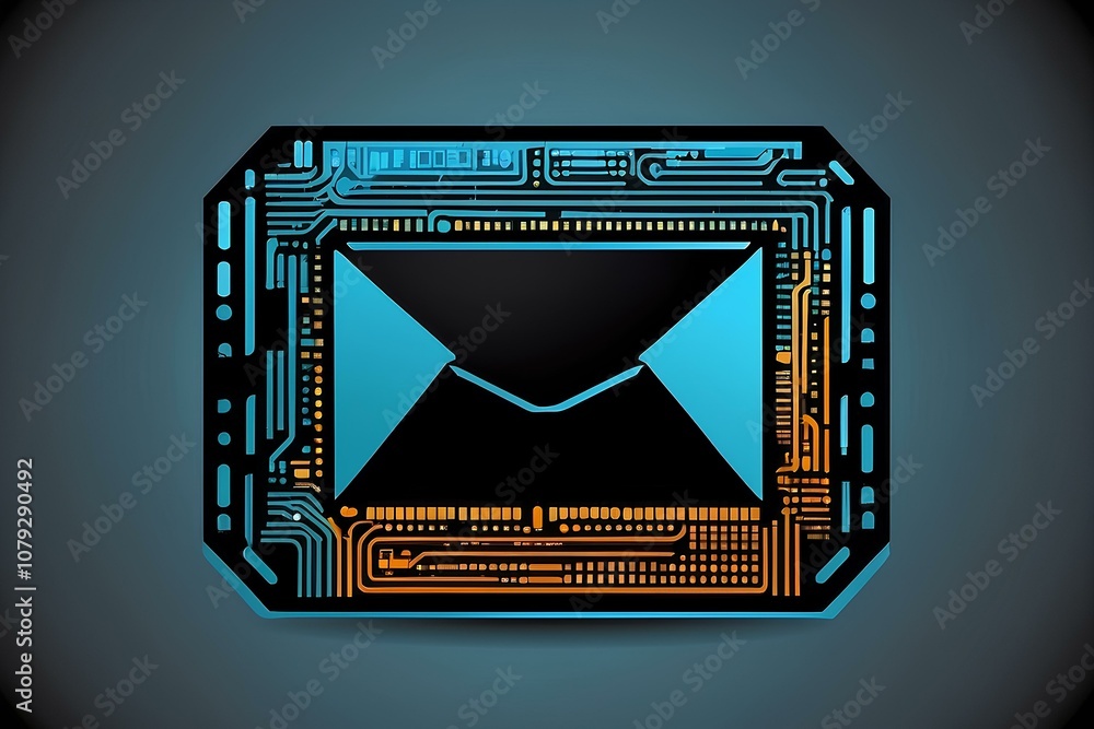 Poster futuristic microchip design with a glowing envelope symbol, blending technology and communication