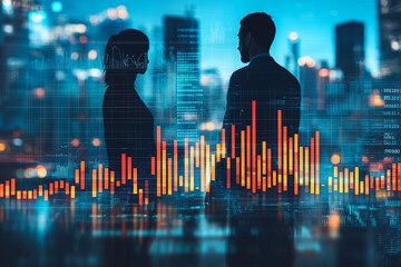 Silhouetted figures analyzing business trends against a vibrant city skyline at dusk with digital data overlays