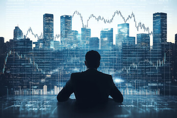 Business professional analyzing data trends against a city skyline during evening hours