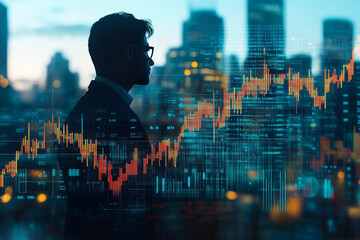 Professional business header featuring a silhouetted figure against a city skyline with dynamic financial graphs in the background at dusk