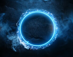 blue neon circle frame made of electricity and flame on dark stone background with smoke glowing geometric shape with copy space for text