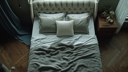 "Timeless Elegance: Classic Bedroom with Pillows, Grey Blanket, and Cotton Throw"