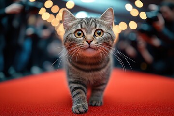 Cute Cat Walking the Red Carpet at an Animal Movie Premiere – Photorealistic Scene with Photographers and Onlookers

