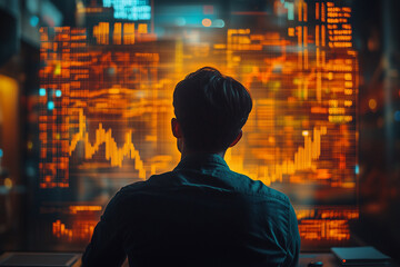 Analyzing data trends on an interactive digital display in a modern workspace during the evening