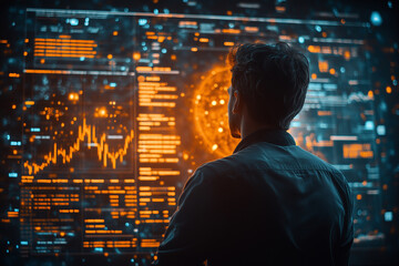 A professional analyzing interactive digital data visualizations in a modern workspace during the evening