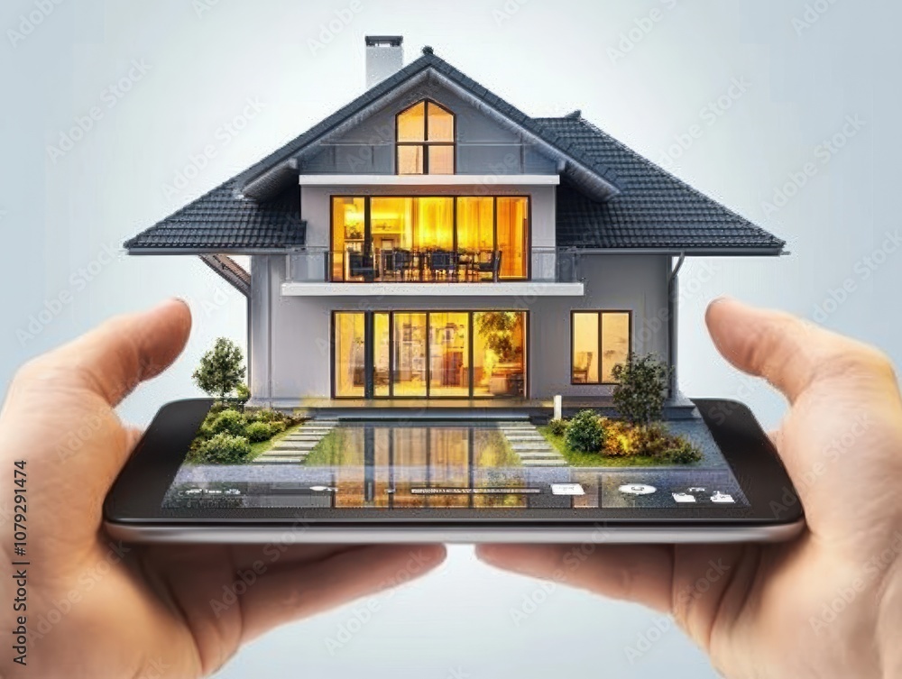 Poster all in one smart home control system app concept on tablet display in man hands
