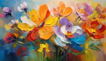 a canvas of multicolor flowers in oil painting generative ai