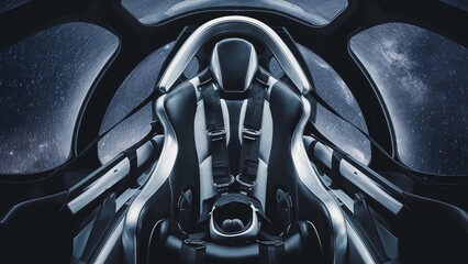high-tech ejection seat futuristic spacecraft neural interface pilot seat silver advanced technology black safety harness