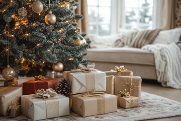 Cozy living room adorned with a Christmas tree and beautifully wrapped gifts ready for holiday celebration