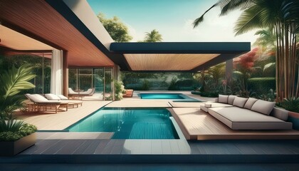 Fototapeta premium tranquil retreat stylish living space and captivating pool area generative ai