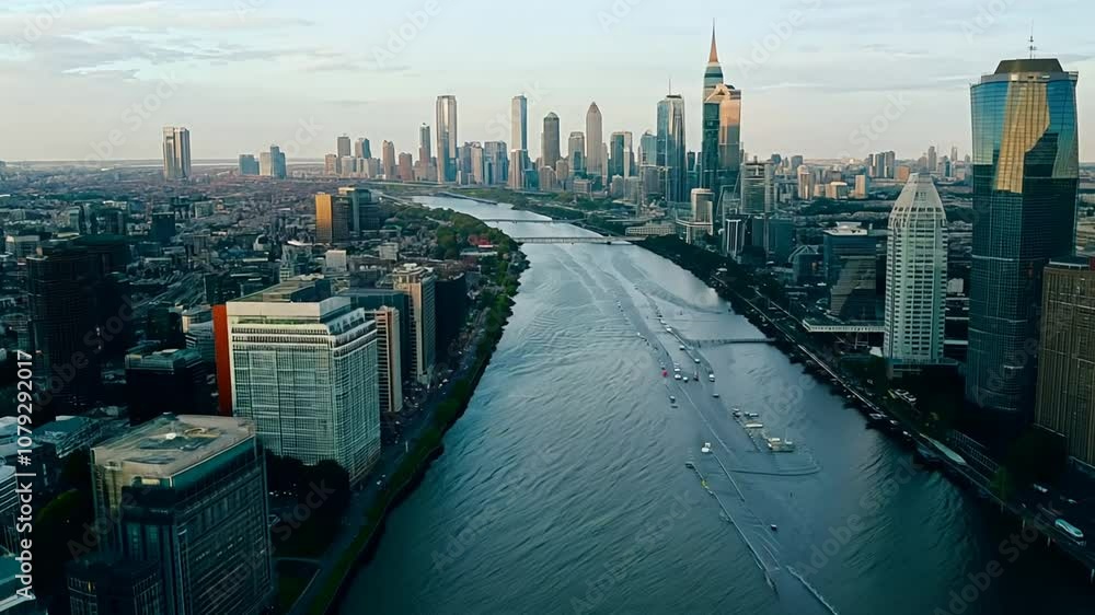 Poster drone view over river with city showing downtown skyline generative ai