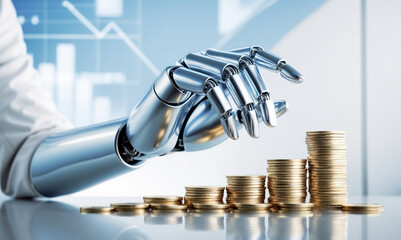 Robot hand with coins, background