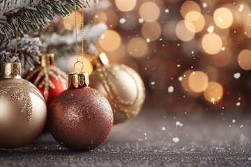 Fototapeta premium A festive display of shimmering ornaments under a Christmas tree with sparkling lights and gentle snowfall during the holiday season