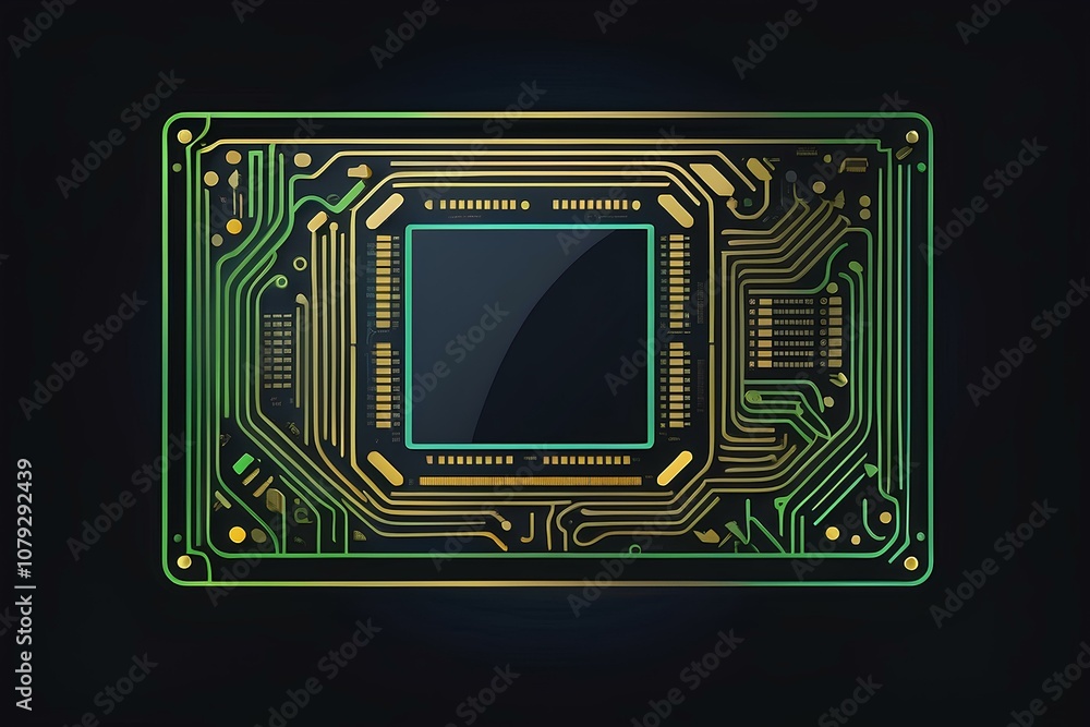 Aufkleber high-tech circuit board in green tones featuring a central processor and detailed electronic pattern