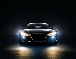 the car in the shadows with glowing lights in low light or silhouette of sport car dark background