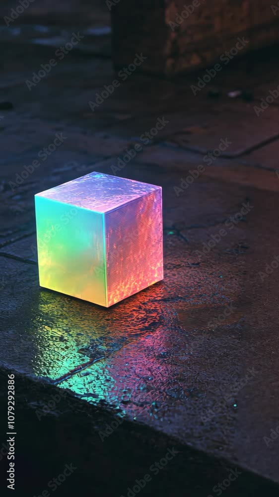 Poster a colorful cube sits on a wet, dark surface, illuminated by its own internal light