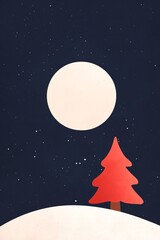 Naklejka premium Red Christmas tree under full moon in starry night. Winter minimal art. Holiday nature concept. Simple festive design