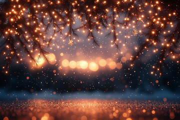 Naklejka premium Festive Christmas decorations featuring sparkling lights and snowflakes creating a magical winter atmosphere at dusk