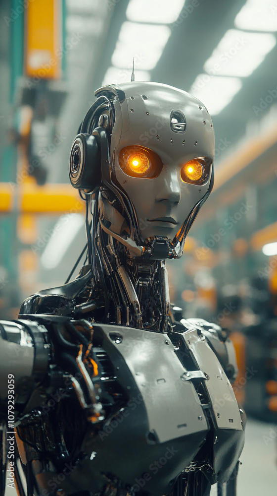 Leinwandbilder futuristic humanoid robot with illuminated eyes in a state-of-the-art industrial setting, demonstrat